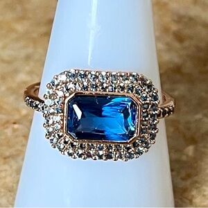 Bomb Party Rose Gold Blue Emerald-Cut Crystal Halo Ring